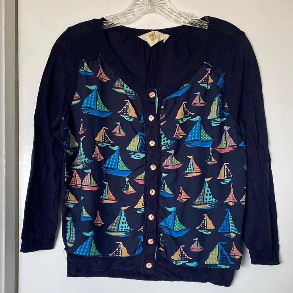 Anthropologie Navy Cardigan with Colorful Sailboat Print